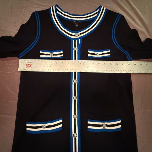 Talbots Black Silver Button Cardigan Sweater w/ Blue/White Trim Size Medium - Picture 5 of 9